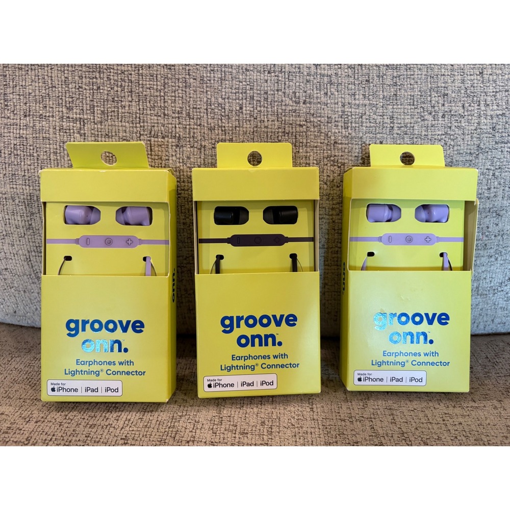 Lot of 3 Groove Onn Earphones with Lightning Connector Lavender and Black MFi